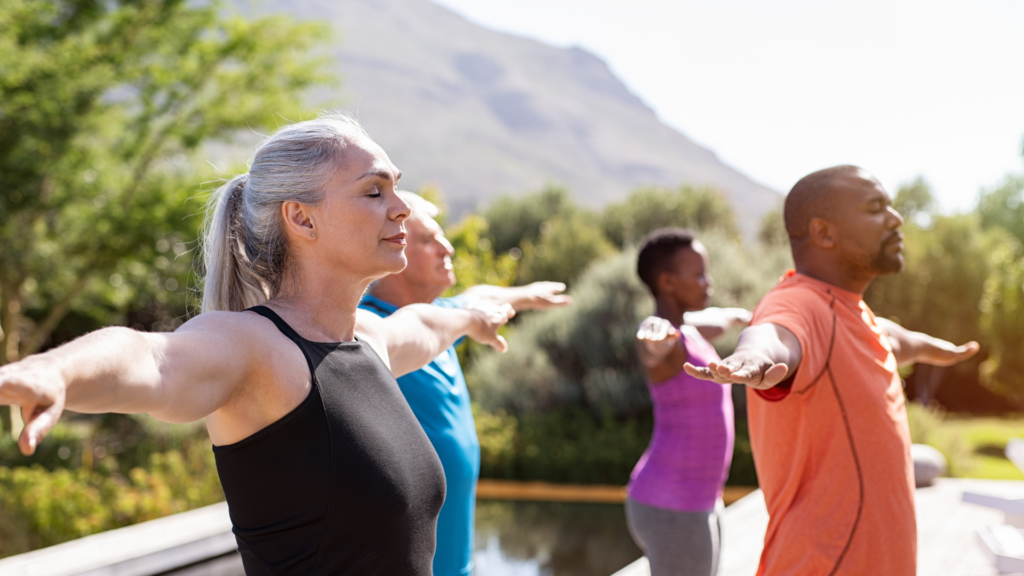 Senior yogis and concept of yoga as brain food for seniors