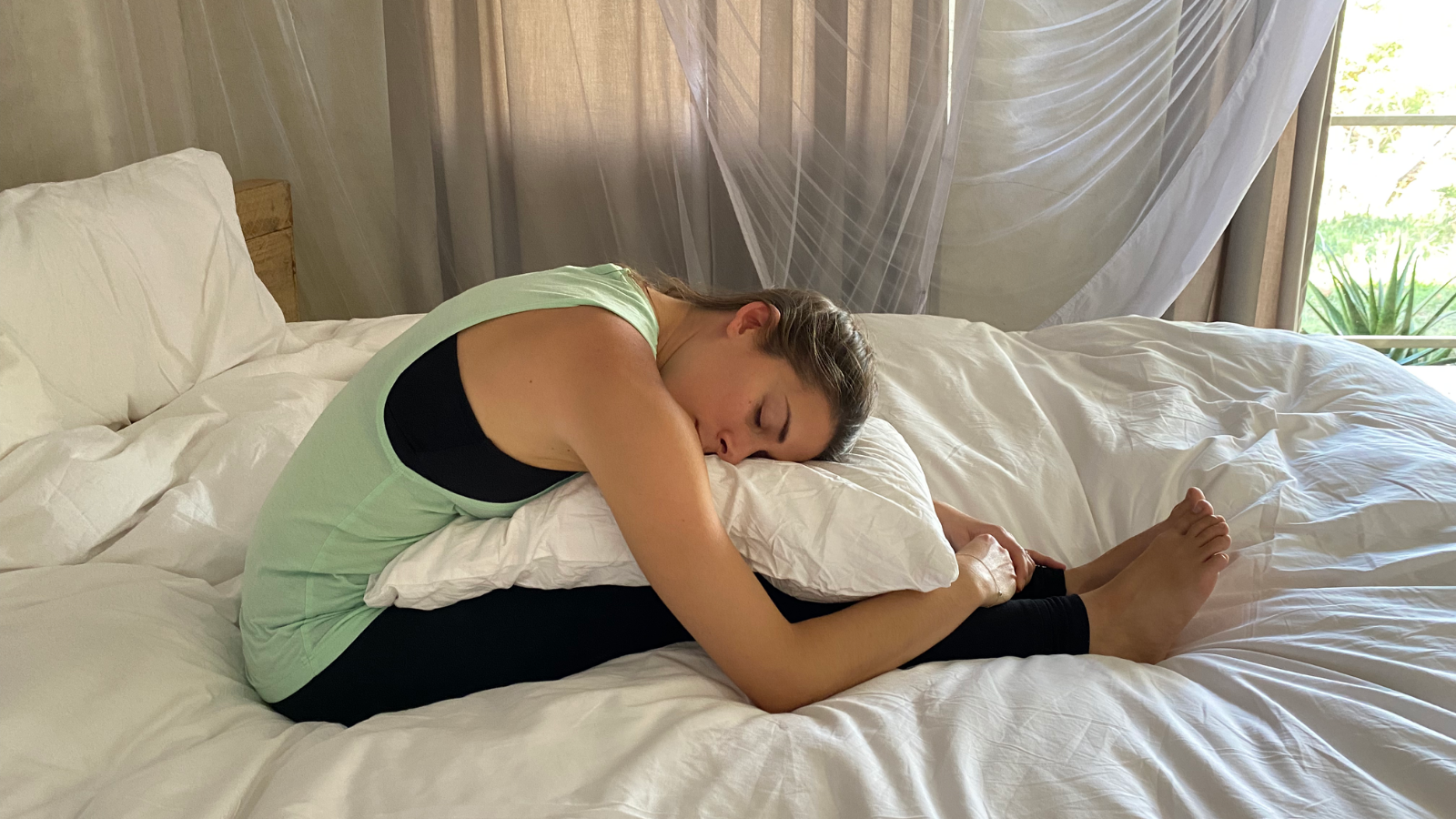 Comfortable bed time yoga to prepare for sleep