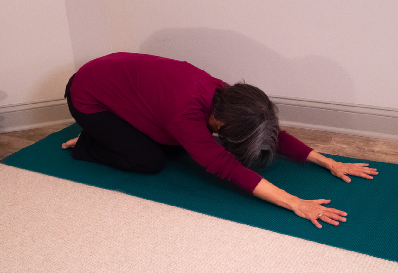 Cakravakasana Pose depicted here is great for spinal health and connecting breath to movement.
