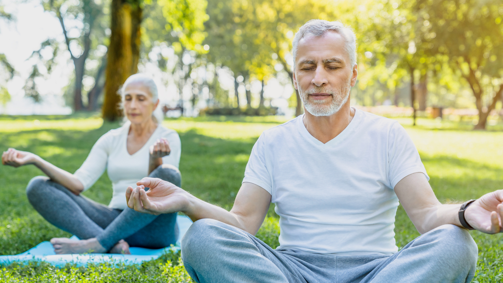 Yoga at the park with senior couple sitting in lotus pose on green grass in calm and meditation